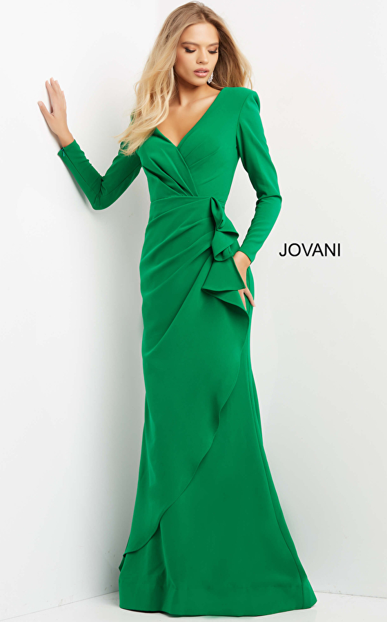 Jovani 06995 Emerald Long Sleeve V Neck Evening Dress